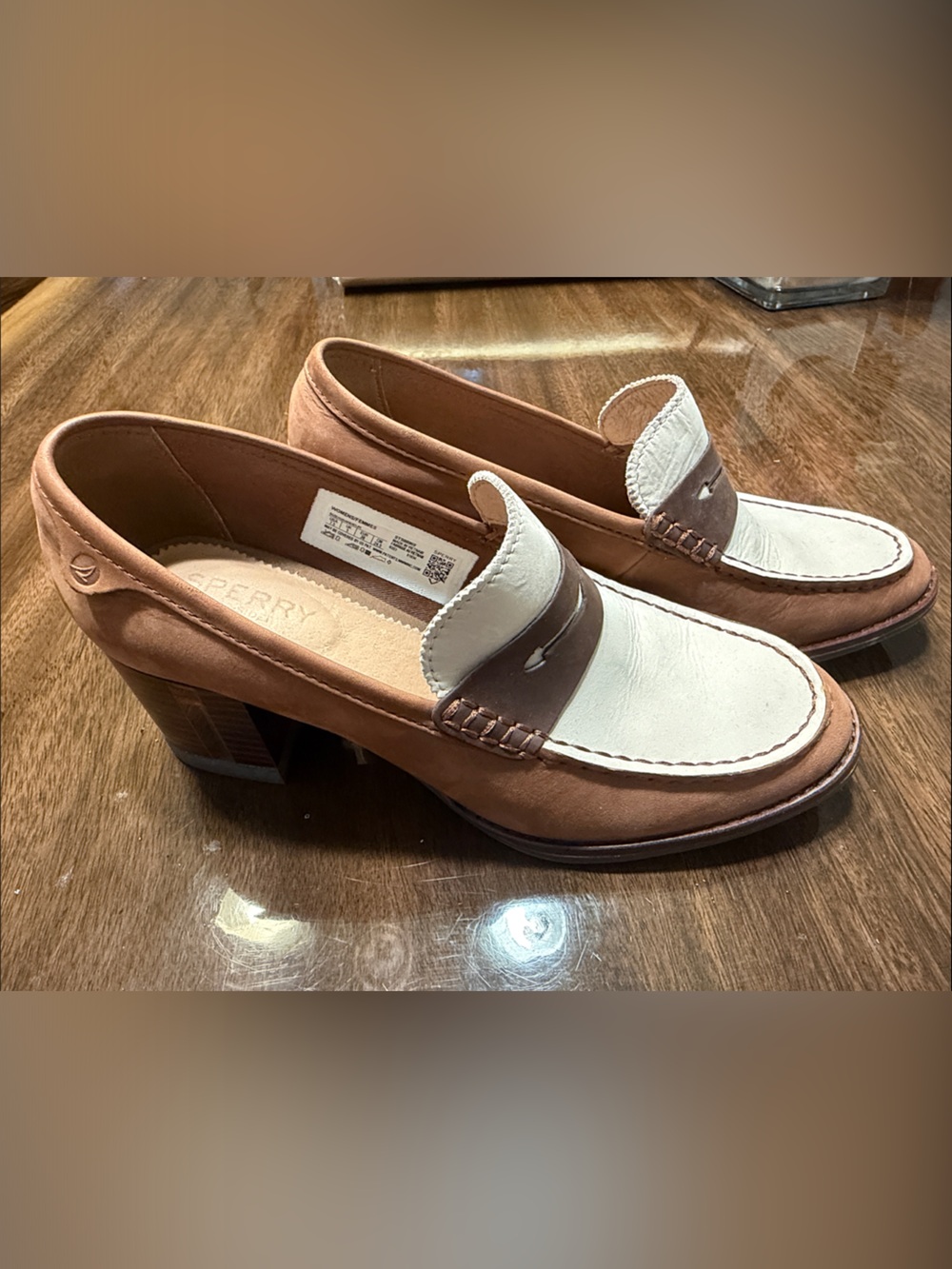 Sperry Brown and Cream Leather Block Heel Loafers